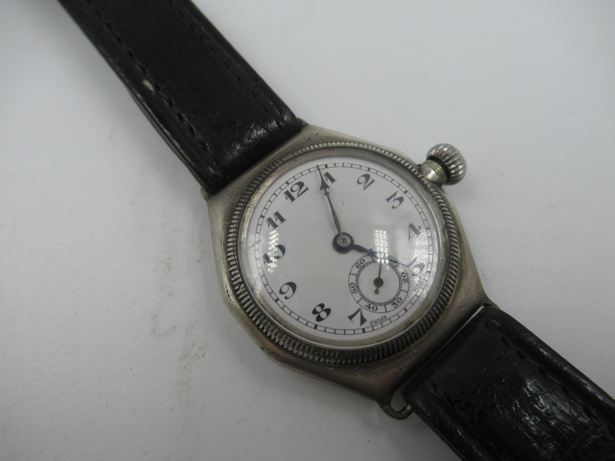 Gentleman's 1920's Rolex silver cased wristwatch, the enamel dial with Arabic numerals and - Image 2 of 8