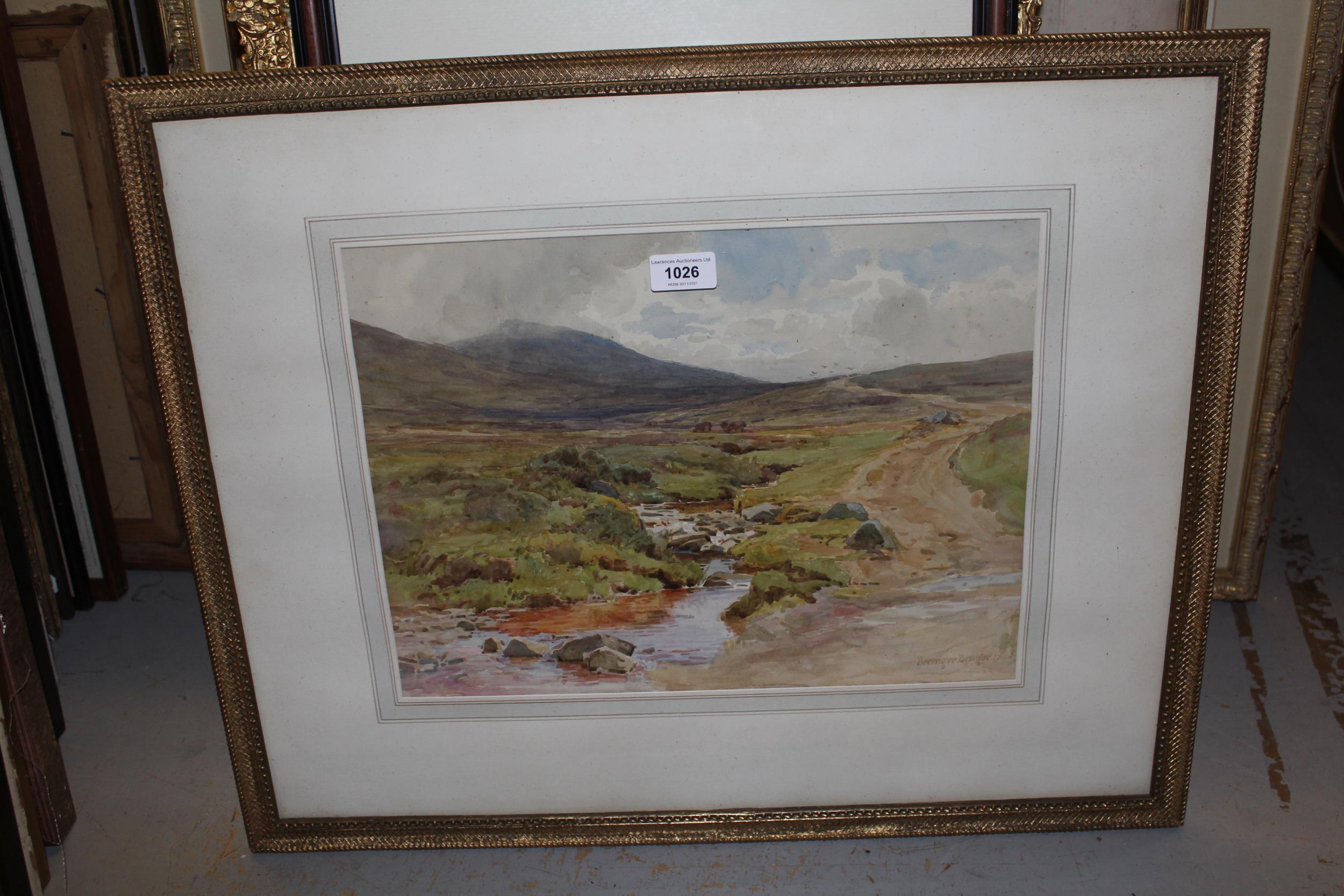 Berenger Benger, early 20th Century watercolour, rocky stream and track in a moorland landscape, - Image 2 of 2