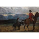 Early 20th Century oil on canvas, two horses and riders in a landscape at sunset, carved giltwood