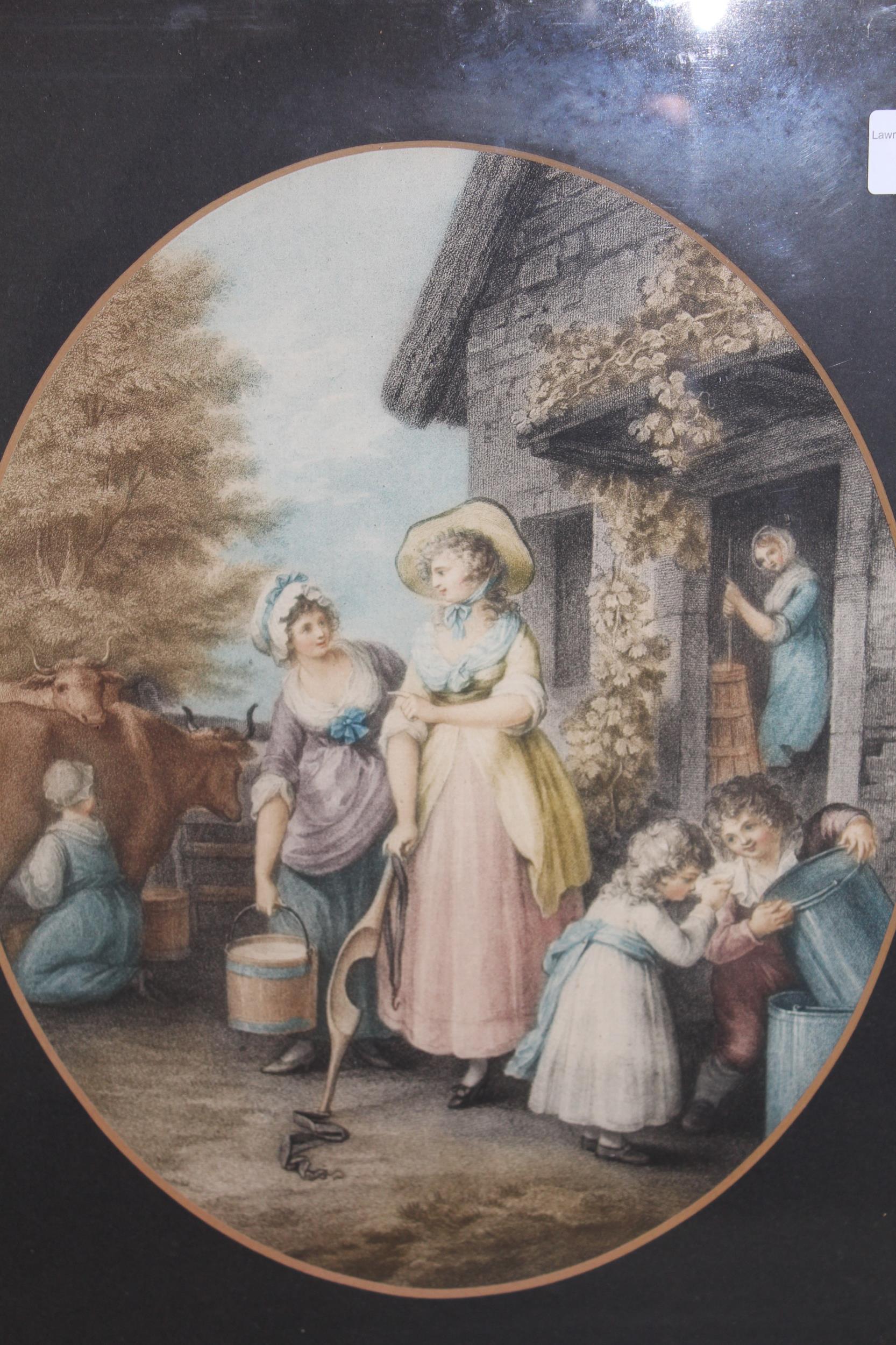 Pair of oval mounted mezzotint prints figures in farm scenes after Morland, 12.5ins x 10.5ins,