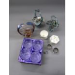 Three Murano glass baskets, pair of plated napkin rings, Wedgwood pot and cover, small Aynsley