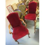 Pair of mid 20th Century walnut open armchairs in Queen Anne style, with padded backs and