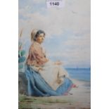 A. de Dominicis signed watercolour, portrait of a young lady seated in a coastal landscape, 13ins