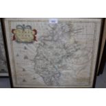 Robert Morden, hand coloured map of Cumberland together with three reproduction framed maps