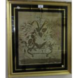 19th Century silkwork picture, flowers in a vase, in verre eglomise mount, 15.5ins x 13ins, gilt