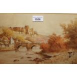 H. English, watercolour, river scene with figures before a bridge and distant castle, 9.5ins x 13.