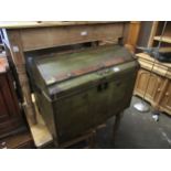 Green painted Toleware and wooden banded trunk with hinged dome cover, 27ins wide