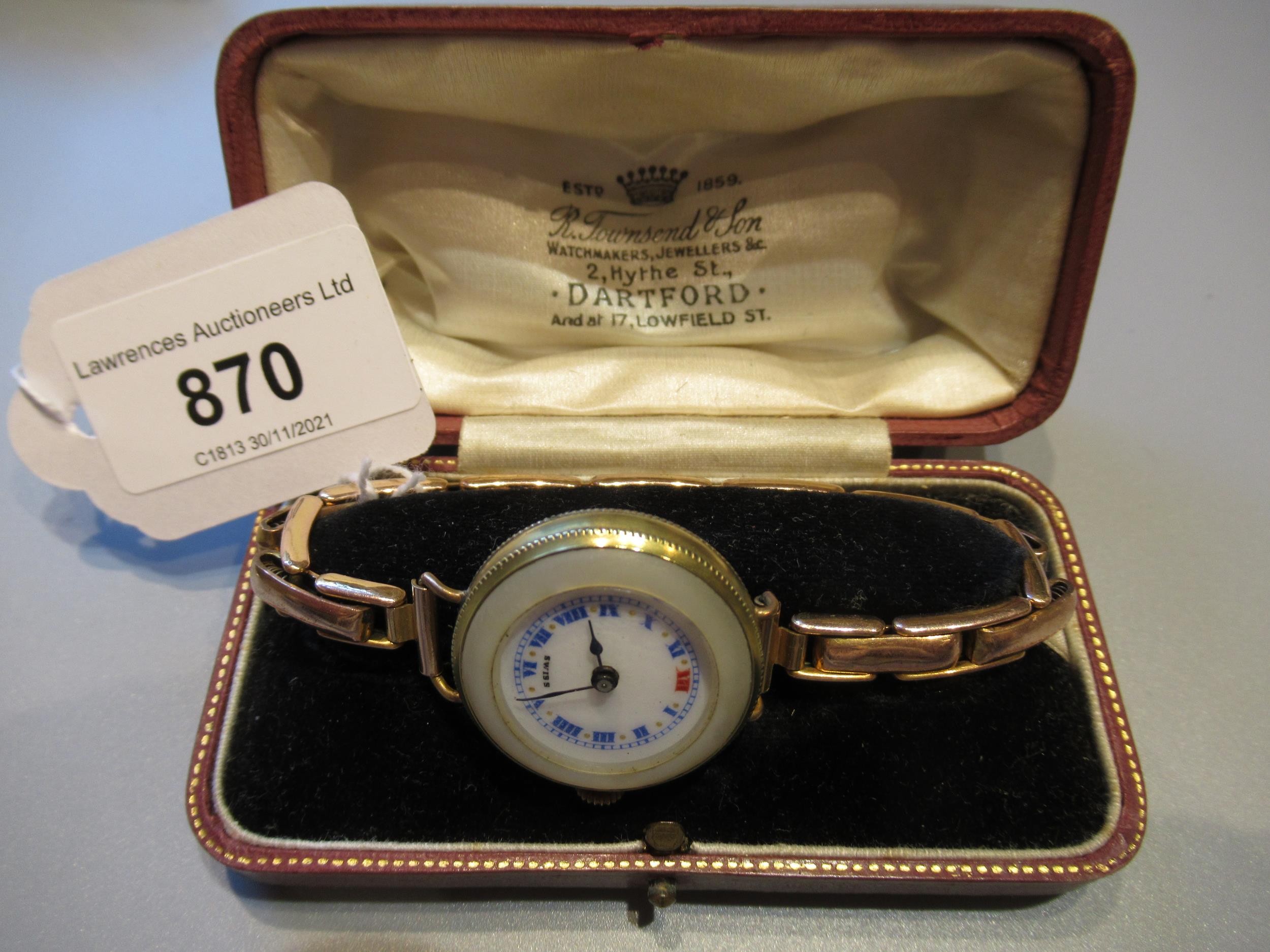 Ladies 9ct gold plated and mother of pearl cased wristwatch, in box