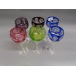 Set of six Harlequin coloured overlay hock glasses All are in good condition, no cracks and no chips