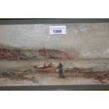 Joseph Hughes Clayton, watercolour, beach scene with figures and open boat, signed, 6ins x 13.