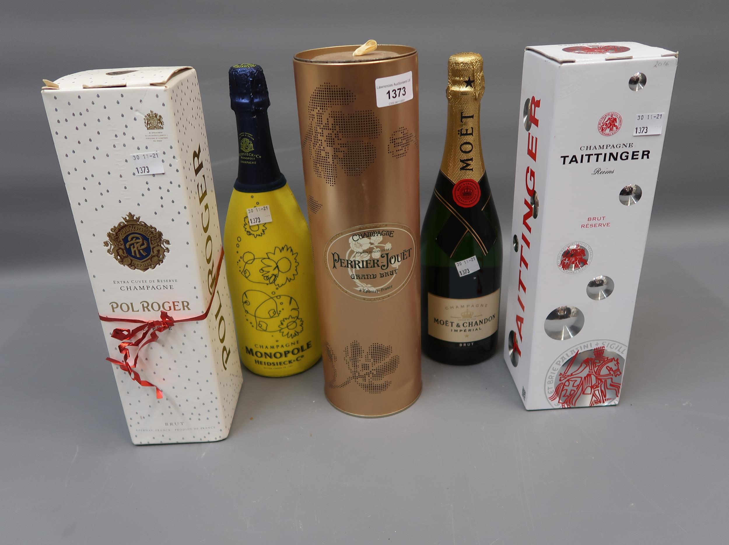 Five various bottles of champagne, Perrier-Jouet, Heidsieck, Moet and Chandon, Taittinger and Pol