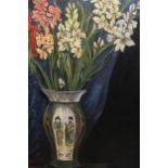 Ethel Mayer, oil on canvas, gladioli in a Chinese vase, 41ins x 22ins, unframed (damages)