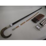 Silver mounted walking cane, military swagger stick and a cigar case/ hip flask