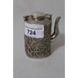 Miniature Chinese silver teapot, having all over embossed prunus blossom decoration, with maker's