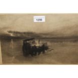 Sir Frank Short, signed mezzotint, ' Timber raft on the Rhine ' 8.5ins x 12ins