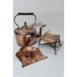Arts & Crafts embossed copper and wrought iron square trivet, together with a Victorian copper