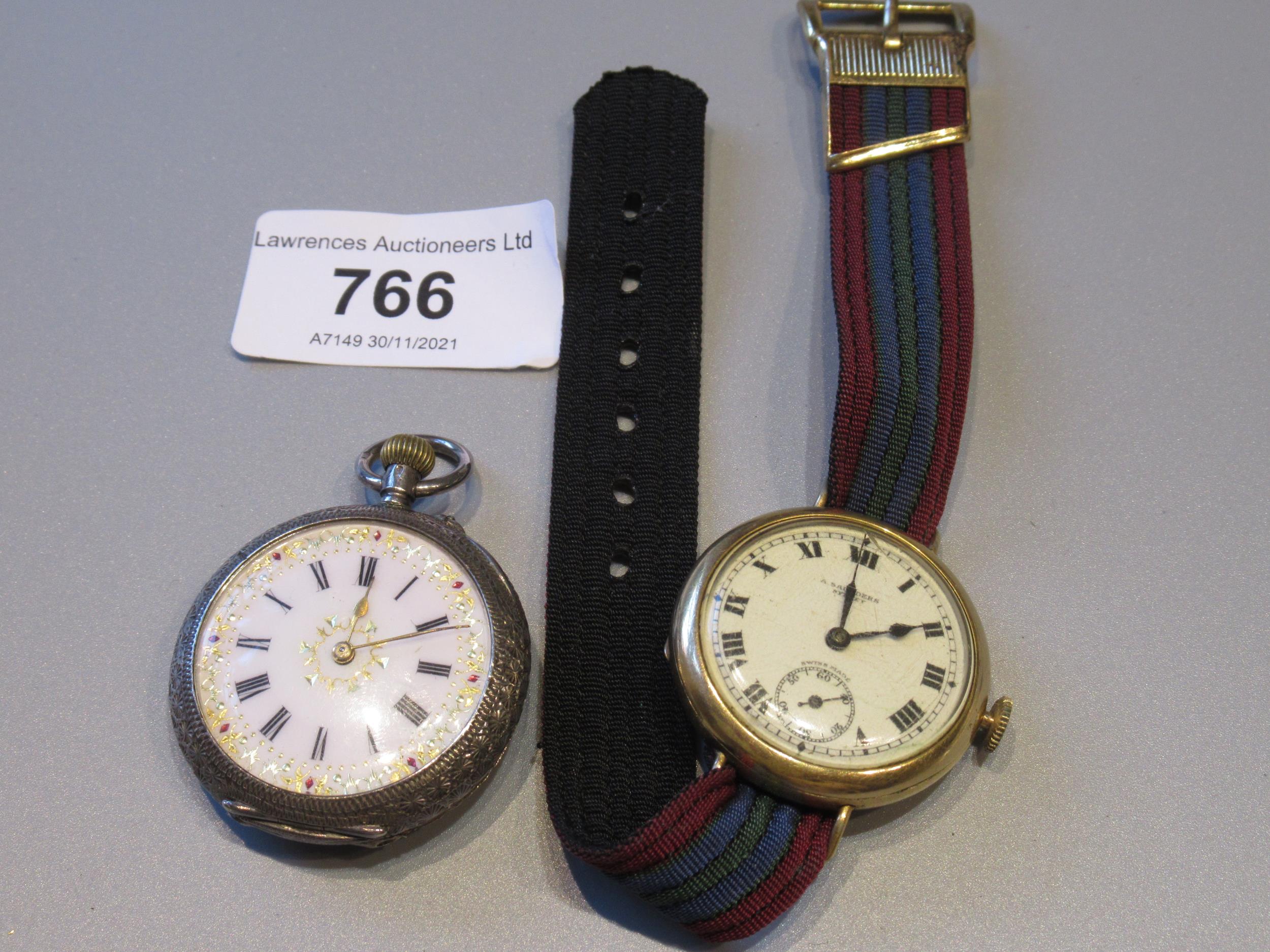 Continental silver cased fob watch, together with a circular gold plated wristwatch
