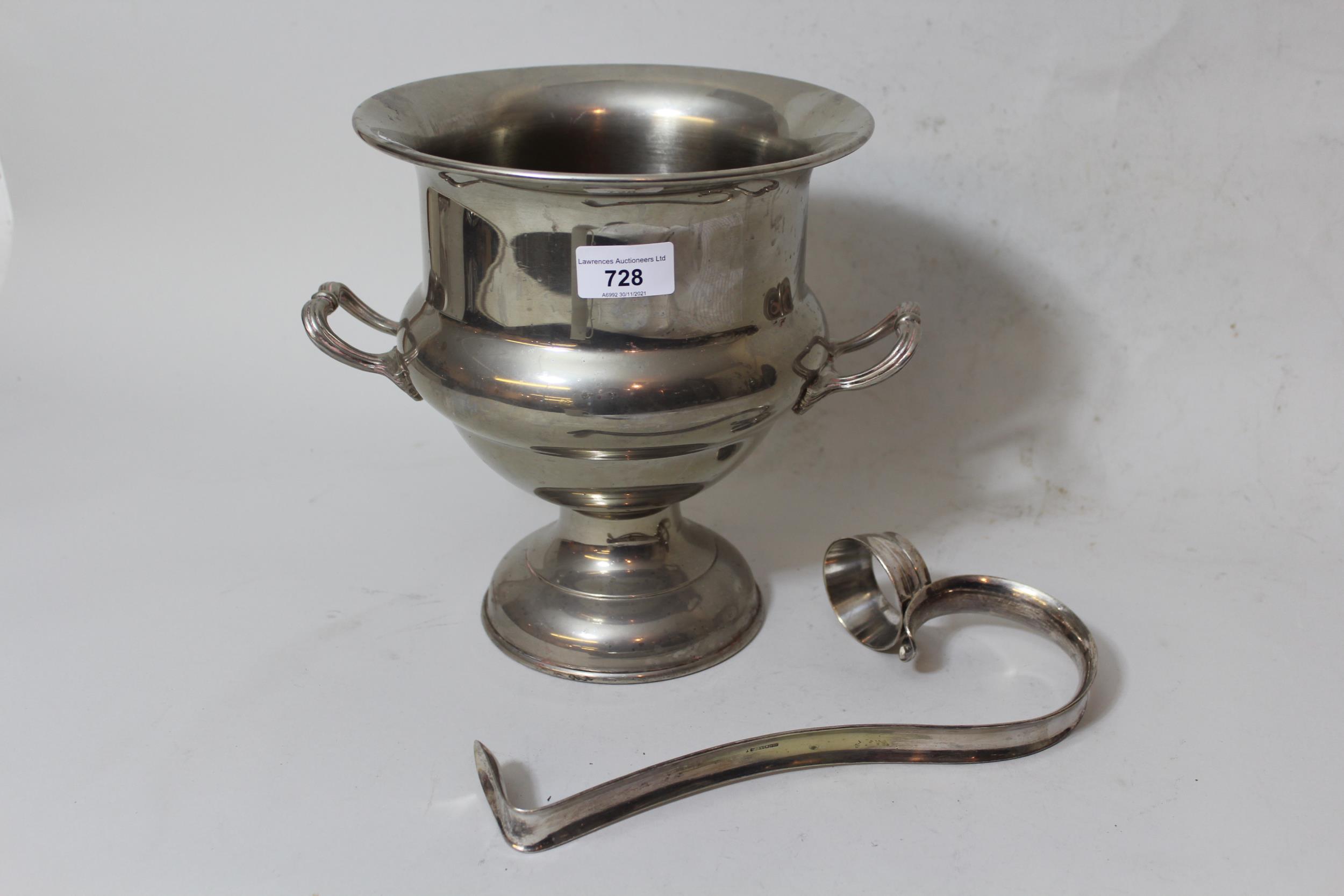 Silver plated two handled wine cooler, together with a silver plated bottle holder