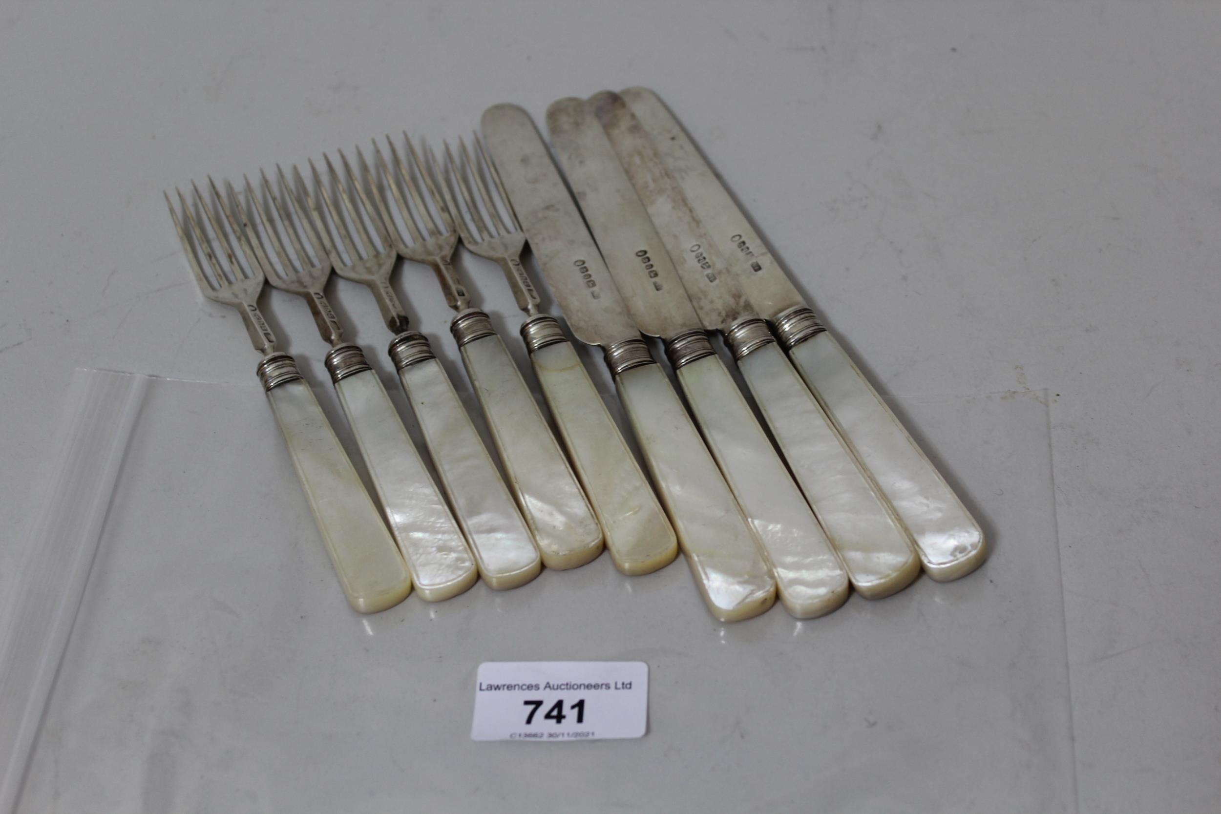 Part set of 19th Century silver bladed and mother of pearl fruit, knives and four forks (four plus