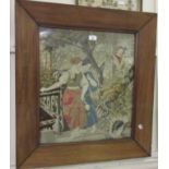 19th Century woolwork picture, ladies and a musician in a garden scene, 21.5ins x 18.5ins, housed in