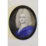 Attributed to Benjamin Arlaud, watercolour portrait miniature of a young man wearing a blue coat,