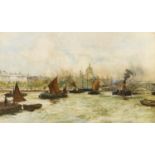 CHARLES DIXON (1872-1934) TUGS ON THE THAMES NEAR ST PAUL'S Signed and dated 19, watercolour with