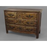 A 19TH CENTURY FRENCH PROVINCIAL CHEST OF DRAWERS, the serpentine fronted chest with a moulded top