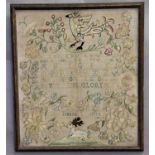 A GEORGE I EMBROIDERED NEEDLEWORK SAMPLER BY GRACE SIMPSON, worked with central alphabets and 'Glory