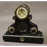 A LARGE VICTORIAN POLISHED SLATE AND MARBLE MANTEL CLOCK, with a two part enamelled dial with