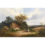 JAMES EDWIN MEADOWS (1828-1888) LANDSCAPE, WITH FIGURES OUTSIDE A COTTAGE Signed and dated 67, oil