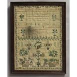 A GEORGE III NEEDLEWORK SAMPLER, worked with alphabets, flowers and running motifs by Mary