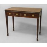 A GEORGE III MAHOGANY TEA TABLE, the rectangular folding top with a moulded border above twin
