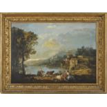 CIRCLE OF FRANCESCO ZUCCARELLI (1702-1788) ITALIAN LAKE SCENE, WITH BUILDINGS, FIGURES AND ANIMALS