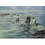 •YVONNE THIVET (1888-1972) GATHERING SHELLFISH Signed, oil on board 25 x 33.5cm. ++ Needs a light