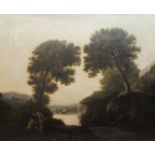 DUTCH SCHOOL, EARLY 18th CENTURY FIGURES ON A WOODED RIVERBANK IN A LANDSCAPE Oil on canvas 59 x