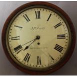A MAHOGANY FRAMED DIAL CLOCK SIGNED J.P.SMITH, SITTINGBOURNE, with a 30cm convex dial with Roman