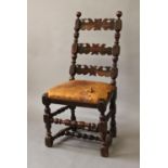 A 17TH CENTURY SPANISH WALNUT CHAIR, with three horizontal wavy bars between sloping turned uprights