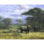•JOHN TRICKETT (b.1952) BLACK RHINOS, MOUNT MANJARO Signed, inscribed with title on the overlap, oil