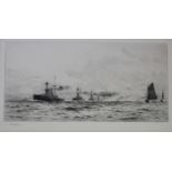 WILLIAM LIONEL WYLLIE, RA (1851-1931) CONVOY OF WARSHIPS, BIPLANE ABOVE Etching, signed in pencil