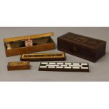 A TUNBRIDGE WARE BOX AND SIMILAR CRIBBAGE BOARDS ETC. the rosewood box of rectangular form, the