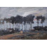 MARK SENIOR (1864-1927) A LINE OF POPLARS BY A FARMHOUSE Indistinctly initialled M.. verso, oil on