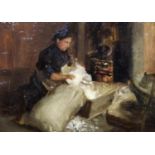 FOLLOWER OF FRANK GASCOIGNE HEATH (1873-1931) FILLING THE BOLSTER Oil sketch on panel 22.5 x