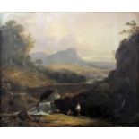 ATTRIBUTED TO JOHN RATHBONE (1750-1807) LANDSCAPE WITH FIGURES BY A WATERFALL; ITALIANATE