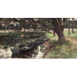 SCOTTISH SCHOOL, 1888 BOATS MOORED AT THE WATER'S EDGE Signed with a monogram and dated 1888, oil on