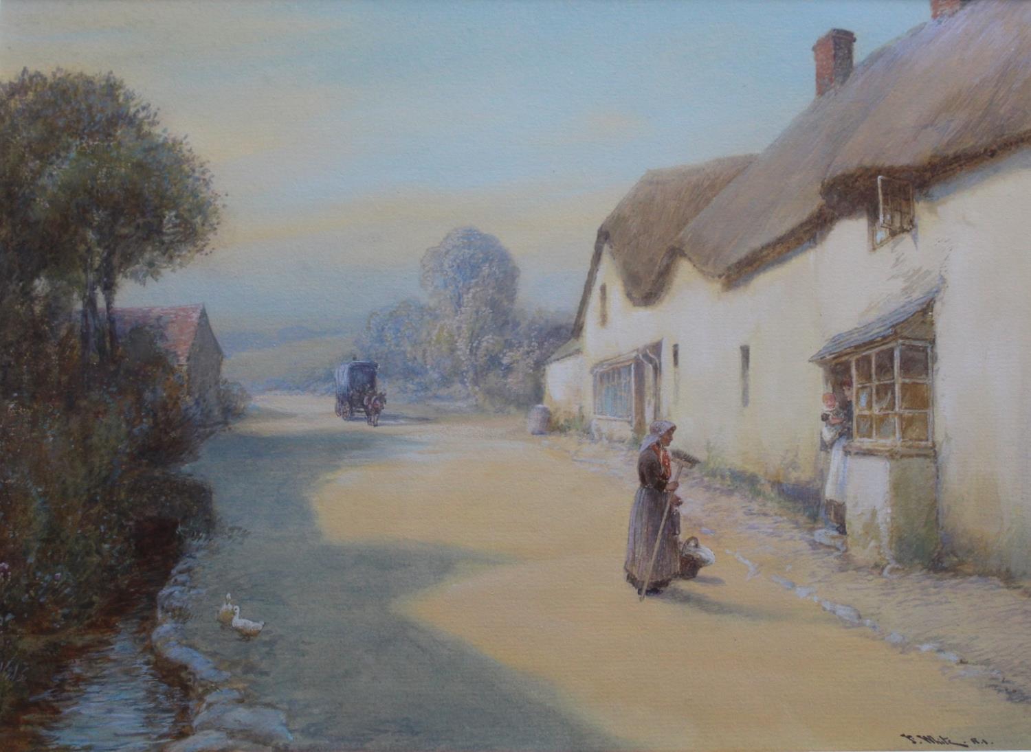 JOHN WHITE (1851-1933) `BUY A BROOM`, AXMOUTH, NEAR BRANSCOMBE Signed, watercolour and bodycolour 25