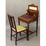 AN EDWARDIAN 'SHERATON REVIVAL' LADIE'S DESK AND CHAIR, the desk with a raised back incorporating