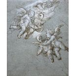 ITALIAN SCHOOL, Circa 1700 FLYING PUTTI Pen and brown ink, heightened with white, on blue paper 22.5