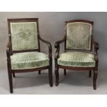 A NEAR PAIR OF 19TH CENTURY FRENCH EMPIRE STYLE ARMCHAIRS, each with rectangular upholstered backs