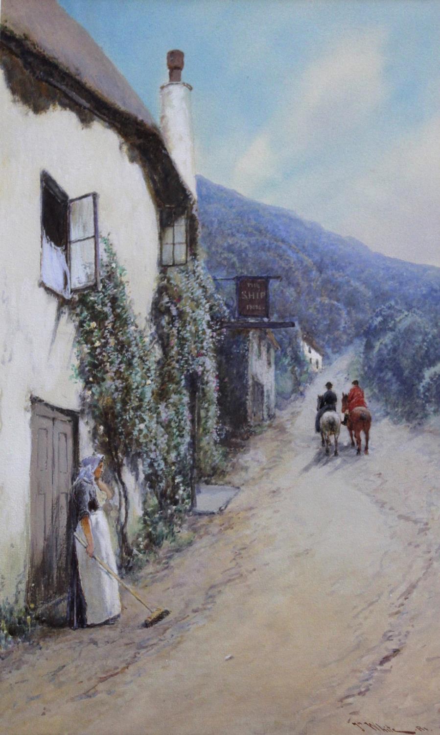 JOHN WHITE (1851-1933) `THEN A HUNTING WE WILL GO` (THE SHIP INN, PORLOCK) Signed, watercolour and