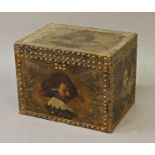 A 17TH CENTURY STYLE LEATHER CHEST, of rectangular form, the leather decorated with men in broad